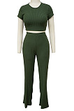 Green Fashion Casual High Elastic Cotton Shor Sleeve Top Pure Color Ribber Loose Pants Sets MY9298-6