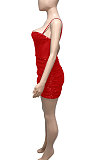 Red Euramerican Women Pure Color Sequins Sexy Condole Belt Strapless Perspectivity Mesh Spaghetti Skirts Sets Q949-1