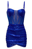 Blue Euramerican Women Pure Color Sequins Sexy Condole Belt Strapless Perspectivity Mesh Spaghetti Skirts Sets Q949-3