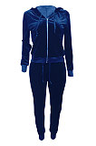 Light Blue Women Korea Velvet Ribber Spliced Pure Color Long Sleeve Cardigan Hooded Casual Pants Sets Q950-5