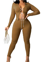Camel Cotton Blend Long Sleeve Bandage Top Bodycon Pants Solid Color Sets ZNN9108-1
