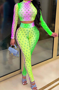 Green Colorful Long Sleeve High Neck Crop Top Pencil Pants Hollow Out See-Through Sets YT3290-1