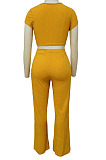 Yellow Fashion Casual High Elastic Cotton Shor Sleeve Top Pure Color Ribber Loose Pants Sets MY9298-1