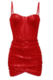 Red Euramerican Women Pure Color Sequins Sexy Condole Belt Strapless Perspectivity Mesh Spaghetti Skirts Sets Q949-1