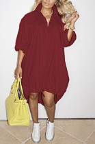 Wine Red Lapel Neck Long Sleeve Single-Breasted Loose Drawable Hem Shirt Dress WY6838-5