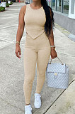 Gray Euramerican Fashion Women Tight Super Elastic Tank Pure Color Pants Sets HR8186-1