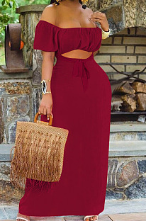 Wine Red Euramerican Women Solid Color Backless A Word Shoulder Mid Waist Long Dress ED8523-2