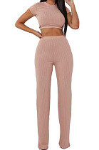 Pink Fashion Casual High Elastic Cotton Shor Sleeve Top Pure Color Ribber Loose Pants Sets MY9298-2