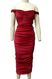Red Ruffle Sexy A Word Shoulder Bodycon Pure Color Korea Velvet Long Dress MY9351-3