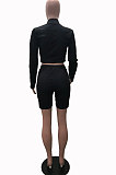 Coffee New Wholesale Long Sleeve Stand Collar Zipper Crop Top Shorts Solid Color Sets YSH6162-6