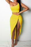 Neon Green Euramerican Women Ruffle Solid Color One Shoulder High Split Skirts Sets MY9268-4