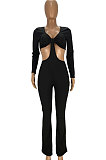 Black Club Ribber Long Sleeve V Neck Hollow Out Solid Color Slim Fitting Flare Jumpsuits YT3291-4