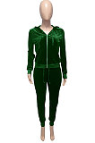 Dark Green Women Korea Velvet Ribber Spliced Pure Color Long Sleeve Cardigan Hooded Casual Pants Sets Q950-4