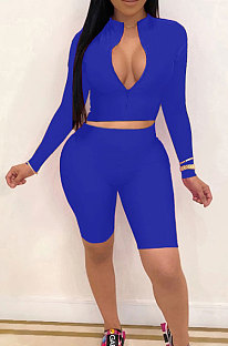 Blue New Wholesale Long Sleeve Stand Collar Zipper Crop Top Shorts Solid Color Sets YSH6162-5