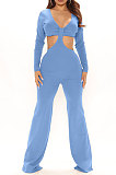 Blue Club Ribber Long Sleeve V Neck Hollow Out Solid Color Slim Fitting Flare Jumpsuits YT3291-1