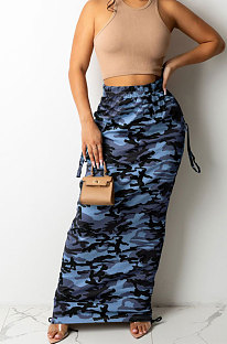 Black Fashion Camouflage Print Ruffle Drawsting Slim Fitting Maxi Skirts ZNN9110-3
