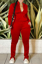 Red Sport Women Solid Color Zipper Cardigan Split Pants Sets HR8192 -2