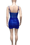 Blue Euramerican Women Pure Color Sequins Sexy Condole Belt Strapless Perspectivity Mesh Spaghetti Skirts Sets Q949-3
