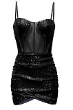 Black Euramerican Women Pure Color Sequins Sexy Condole Belt Strapless Perspectivity Mesh Spaghetti Skirts Sets Q949-2