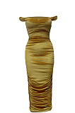 Yellow Ruffle Sexy A Word Shoulder Bodycon Pure Color Korea Velvet Long Dress MY9351-2