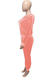 Brown Women Korea Velvet Ribber Spliced Pure Color Long Sleeve Cardigan Hooded Casual Pants Sets Q950-7