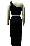 Black Euramerican Women Ruffle Solid Color One Shoulder High Split Skirts Sets MY9268-3