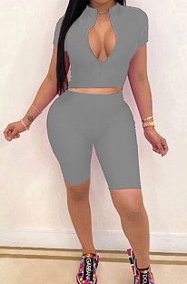 Gray Simple Pure Color Short Sleeve Zip Fron Crop Top Shorts Casual Sets YSH6163-4