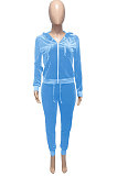Light Blue Women Korea Velvet Ribber Spliced Pure Color Long Sleeve Cardigan Hooded Casual Pants Sets Q950-5