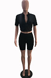 Black Simple Pure Color Short Sleeve Zip Fron Crop Top Shorts Casual Sets YSH6163-1