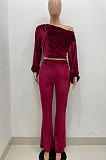 Coffee Wholesale Velvet Long Sleeve Oblique Shoulder Top Flare Pants Solid Color Sets YX9298-1