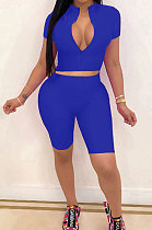 Blue Simple Pure Color Short Sleeve Zip Fron Crop Top Shorts Casual Sets YSH6163-3