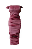 Pink Ruffle Sexy A Word Shoulder Bodycon Pure Color Korea Velvet Long Dress MY9351-1