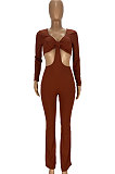 Black Club Ribber Long Sleeve V Neck Hollow Out Solid Color Slim Fitting Flare Jumpsuits YT3291-4
