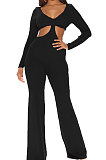 Blue Club Ribber Long Sleeve V Neck Hollow Out Solid Color Slim Fitting Flare Jumpsuits YT3291-1
