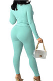 Mint Green Cotton Blend Long Sleeve Bandage Top Bodycon Pants Solid Color Sets ZNN9108-4