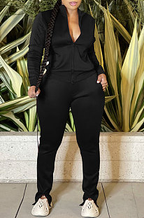 Black Sport Women Solid Color Zipper Cardigan Split Pants Sets HR8192 -1