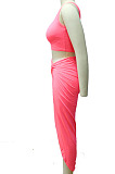 Neon Pink Euramerican Women Ruffle Solid Color One Shoulder High Split Skirts Sets MY9268-5