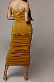Yellow Ruffle Sexy A Word Shoulder Bodycon Pure Color Korea Velvet Long Dress MY9351-2