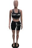 Black Casual Letter Print Tank Shorts Solid Color Sport Sets YSH86245 -3