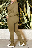 Khaki Sport Women Solid Color Zipper Cardigan Split Pants Sets HR8192 -3
