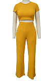 Yellow Fashion Casual High Elastic Cotton Shor Sleeve Top Pure Color Ribber Loose Pants Sets MY9298-1