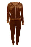 Brown Women Korea Velvet Ribber Spliced Pure Color Long Sleeve Cardigan Hooded Casual Pants Sets Q950-7