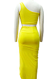 Yellow Euramerican Women Ruffle Solid Color One Shoulder High Split Skirts Sets MY9268-1