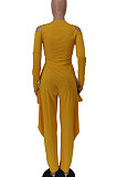 Yellow Euramerican Pure Color Off Shoulder Zipper Irregular Lower Hem Casual Jumpsuits NRS8079-1
