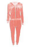 Pink Women Korea Velvet Ribber Spliced Pure Color Long Sleeve Cardigan Hooded Casual Pants Sets Q950-1