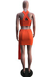 Orange Summer Sexy Strapless Warp Skirts Solid Color Sets YSH6229-12