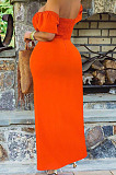 Orange Euramerican Women Solid Color Backless A Word Shoulder Mid Waist Long Dress ED8523-1