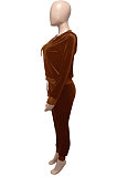 Black Women Korea Velvet Ribber Spliced Pure Color Long Sleeve Cardigan Hooded Casual Pants Sets Q950-3