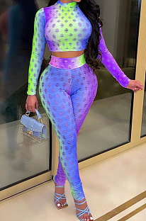Blue Colorful Long Sleeve High Neck Crop Top Pencil Pants Hollow Out See-Through Sets YT3290-3