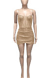 Rose Gold Euramerican Women Pure Color Sequins Sexy Condole Belt Strapless Perspectivity Mesh Spaghetti Skirts Sets Q949-4
